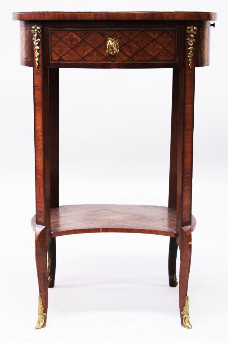 A SMALL 19TH CENTURY LOUIS XVI DESIGN OVAL PARQUETRY: A SMALL 19TH CENTURY LOUIS XVI DESIGN OVAL PARQUETRY TWO TIER TABLE, with single drawer and ormolu mounts. 2ft 5ins high, 1ft 6ins wide.