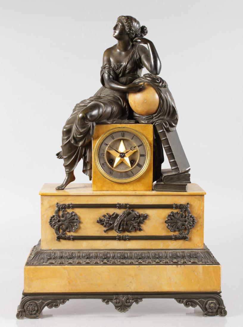 A GOOD 19TH CENTURY FRENCH LOUIS XVI DESIGN MANTLE: A GOOD 19TH CENTURY FRENCH LOUIS XVI DESIGN MANTLE CLOCK, Retailed by J. EDMOND, in a gilt metal case with painted SEVRES panels, the clock with eight-day movement, the case with a young girl and two 