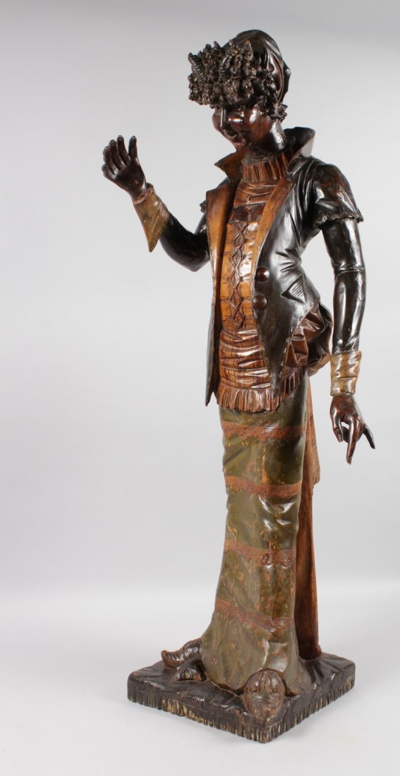 A LARGE 19TH CENTURY CONTINENTAL CARVED AND PAINTED: A LARGE 19TH CENTURY CONTINENTAL CARVED AND PAINTED WOOD FIGURE OF A YOUNG LADY, (Probably GERMAN), arms outstretched, wearing a long dress and standing on a square base. 40ins high.