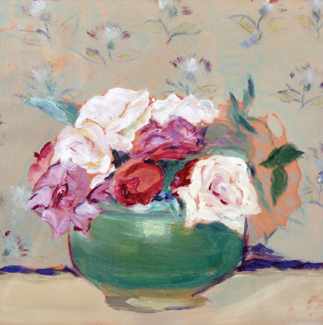 Circle of Francis Campbell Boileau Cadell (1883-1937): Circle of Francis Campbell Boileau Cadell (1883-1937) British. Still Life of Roses in a Green Bowl, Mixed Media, 7.5" x 7.5".