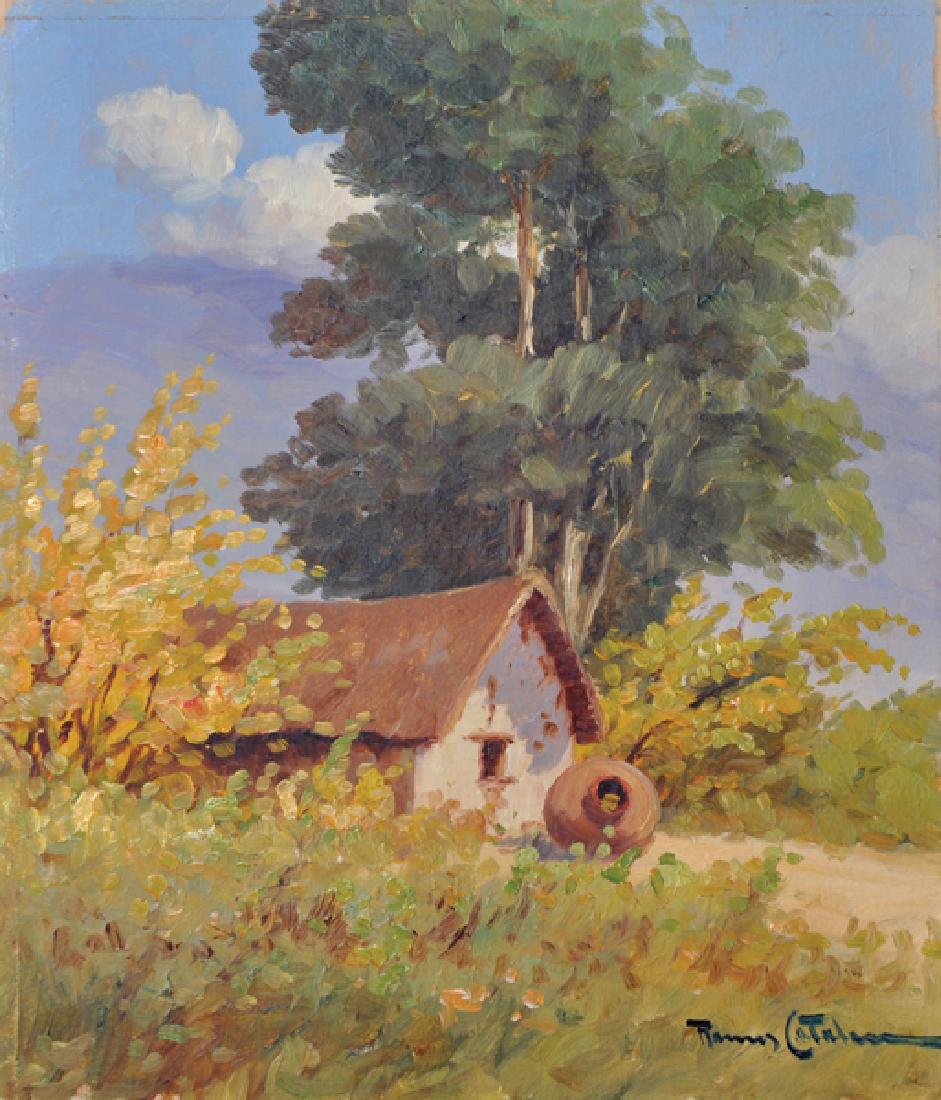 Benito Ramos Catalan (1888-1961) Chilean. 'Homestead',: Benito Ramos Catalan (1888-1961) Chilean. 'Homestead', Oil on Board, Signed, and Inscribed on the reverse, Unframed, 8.75" x 7.5".