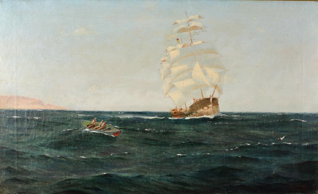 Sydney Phillips (19th Century) British. A Clipper in: Sydney Phillips (19th Century) British. A Clipper in Full Sail, with a Rowing Boat in the foreground, Oil on Canvas, Signed, 16" x 26".