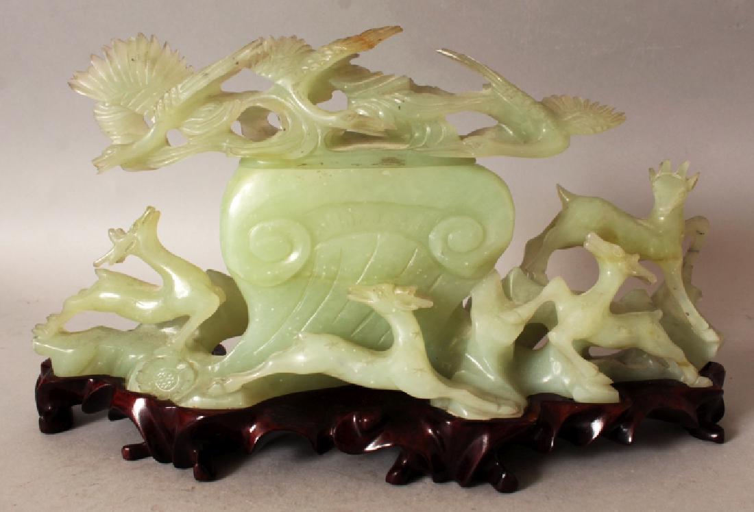 AN UNUSUAL CHINESE CELADON GREEN BOWENITE VASE GROUP & (1 of 9)