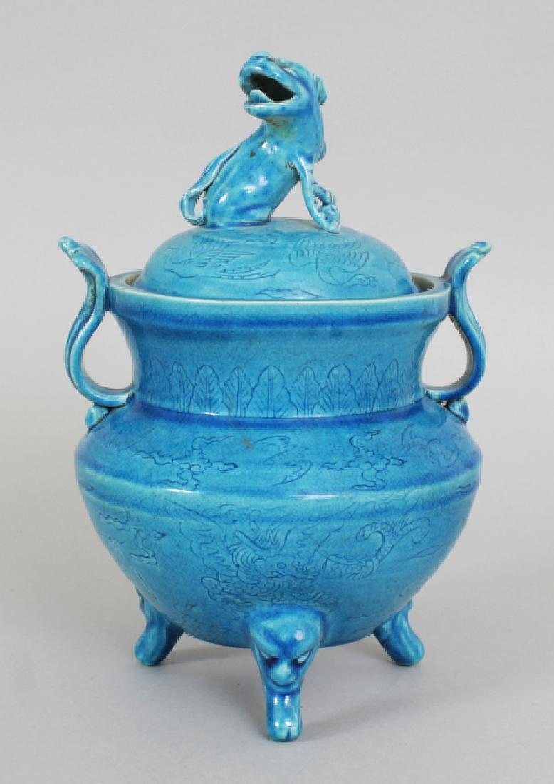 A CHINESE TURQUOISE GLAZED PORCELAIN TRIPOD CENSER & (1 of 10)