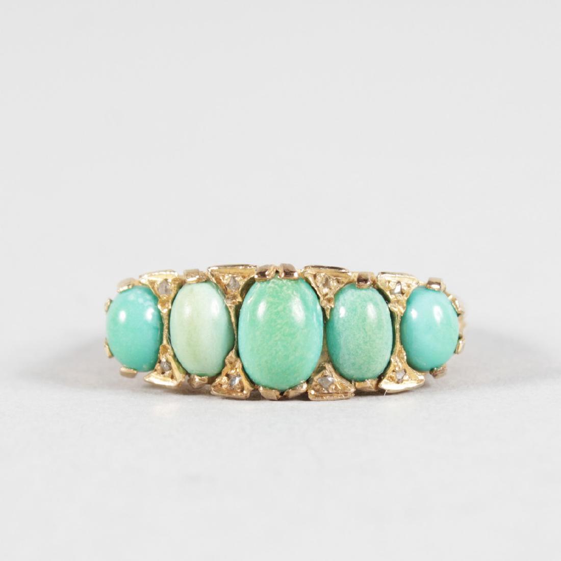 A FIVE STONE TURQUOISE HALF HOOP 9CT YELLOW GOLD RING. (1 of 4)
