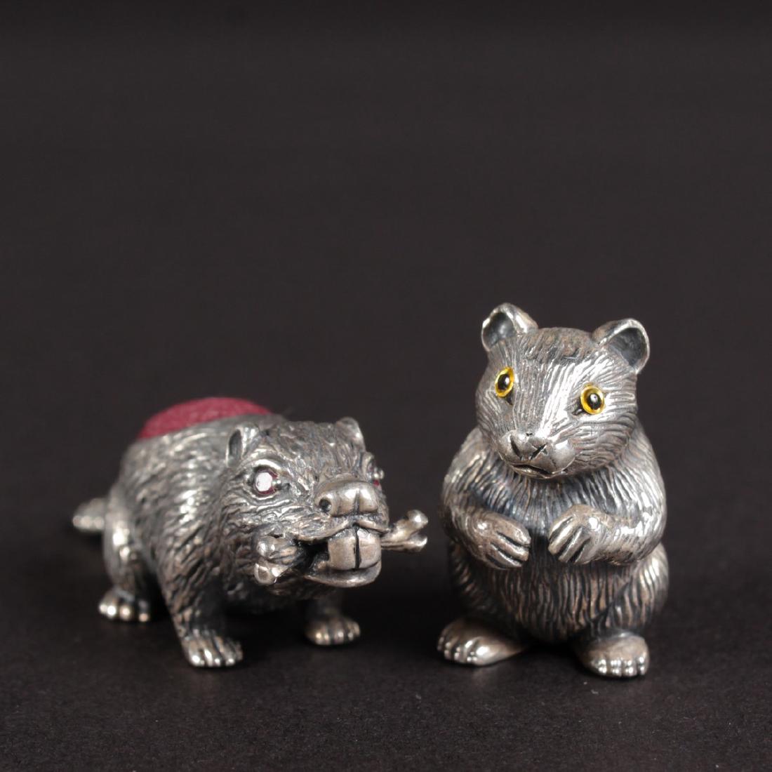 TWO SMALL SILVER NOVELTY PIN CUSHIONS, MOUSE AND (1 of 2)