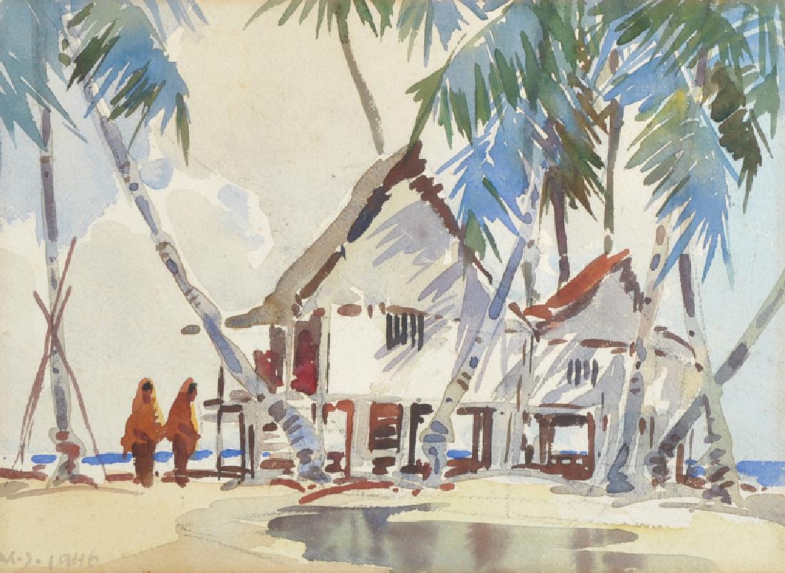 Yong Mun Sen (1896-1962) Malaysian. Figures by a Beach: Yong Mun Sen (1896-1962) Malaysian. Figures by a Beach House, Signed with Initials and Dated 1946, 10.75" x 14.5".