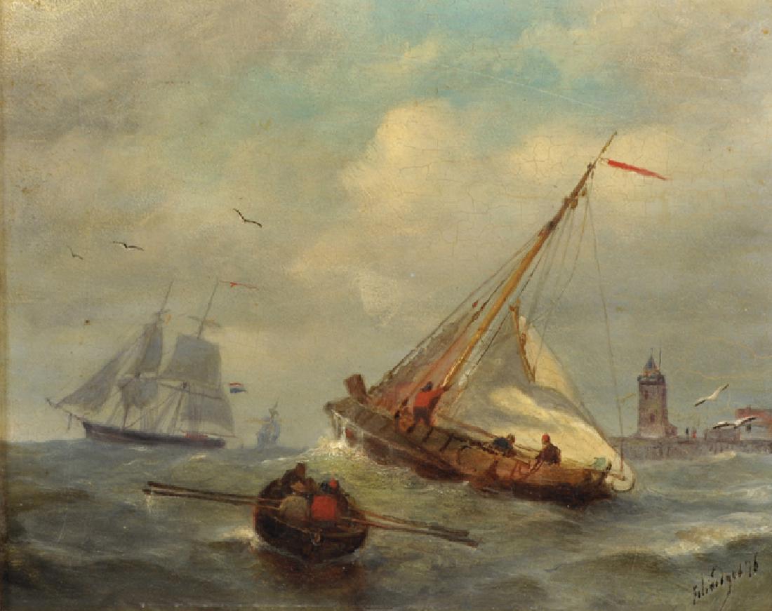 Petrus Paulus Schiedges (1813-1876) Dutch. A Seascape: Petrus Paulus Schiedges (1813-1876) Dutch. A Seascape with Shipping in Rough Waters, Oil on Panel, Signed and Dated '76, 10" x 12.75".
