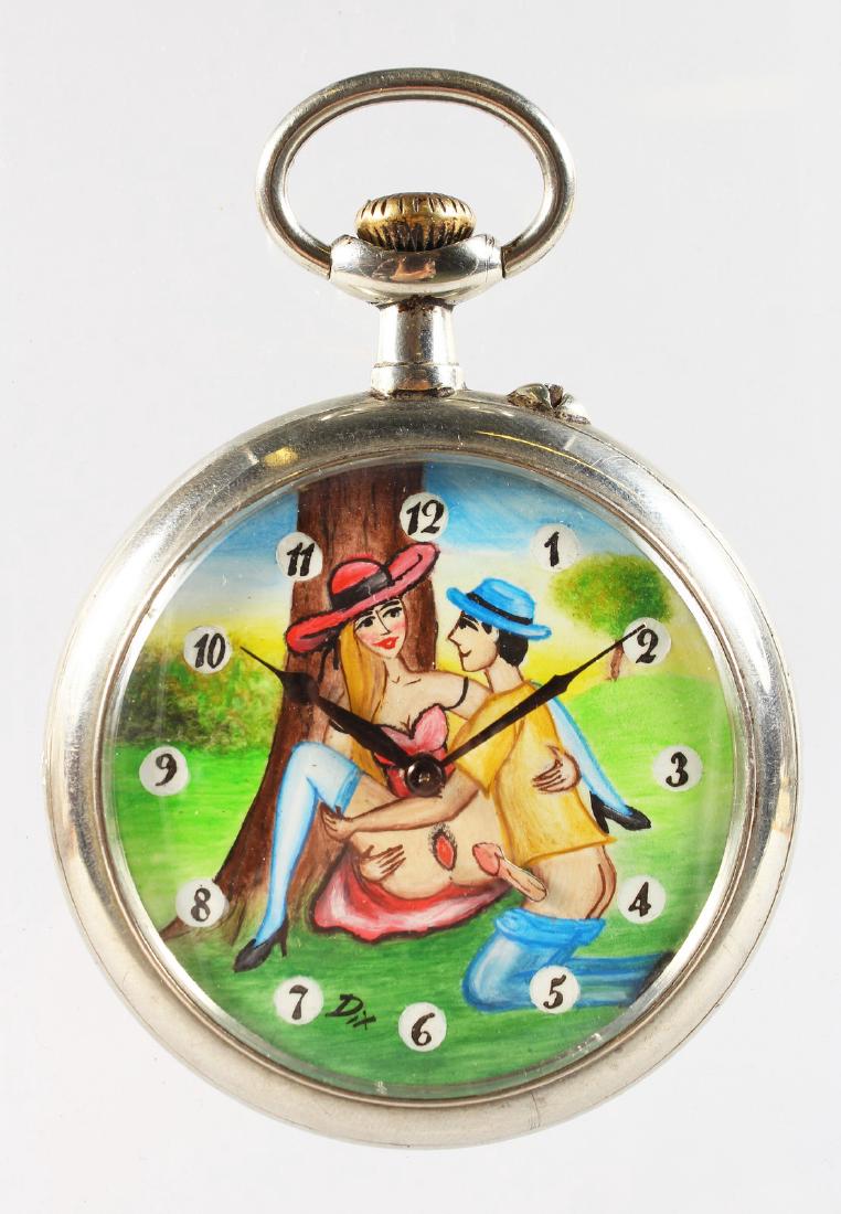 A LARGE DOXA EROTIC POCKET WATCH. 2.5ins diameter.: A LARGE DOXA EROTIC POCKET WATCH. 2.5ins diameter.