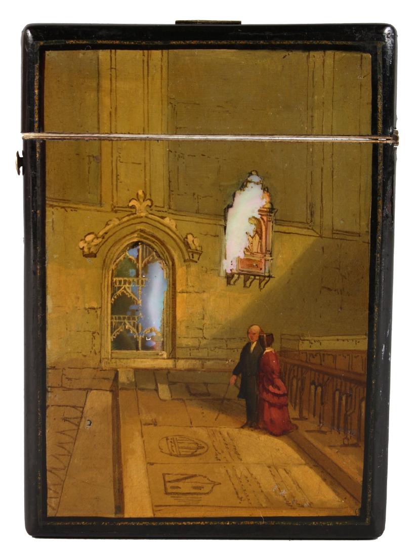 A VICTORIAN BLACK LACQUERED AND INLAID CALLING CARD: A VICTORIAN BLACK LACQUERED AND INLAID CALLING CARD CASE.
