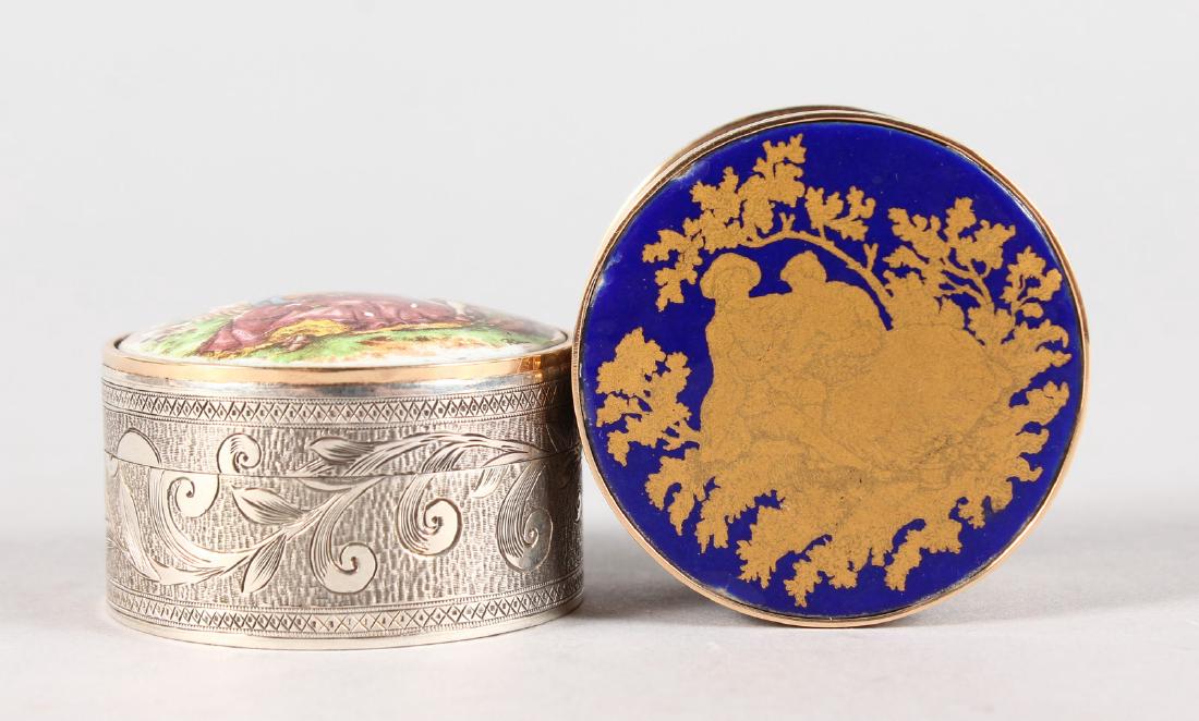 TWO ENAMEL TOP SILVER PILL BOXES.: TWO ENAMEL TOP SILVER PILL BOXES.