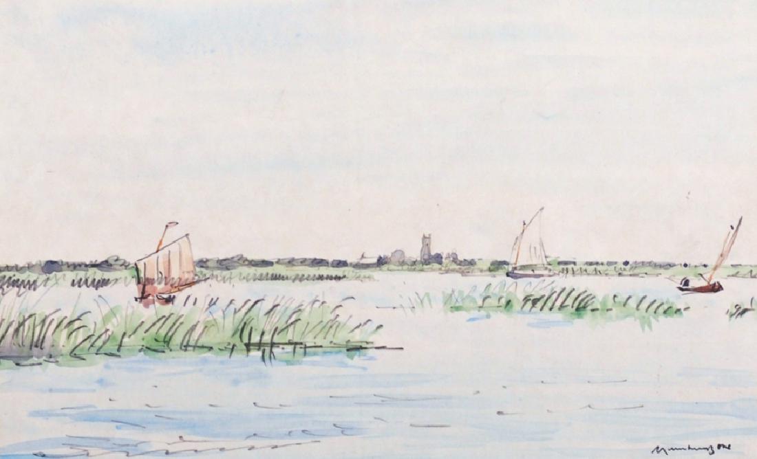 David Muirhead Bone (1876-1953) British. Sailing on the: David Muirhead Bone (1876-1953) British. Sailing on the Norfolk Broads, Watercolour, Signed, Unframed, 5" x 8".