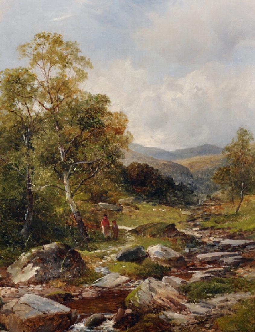 David Bates (1840-1921) British. "Near Arddarrach": David Bates (1840-1921) British. "Near Arddarrach" (Finnart, Firth of Clyde), a River Landscape, with a Mother and Child, Oil on Canvas, Signed and Dated '96, and Inscribed on the reverse, 18" x 14".