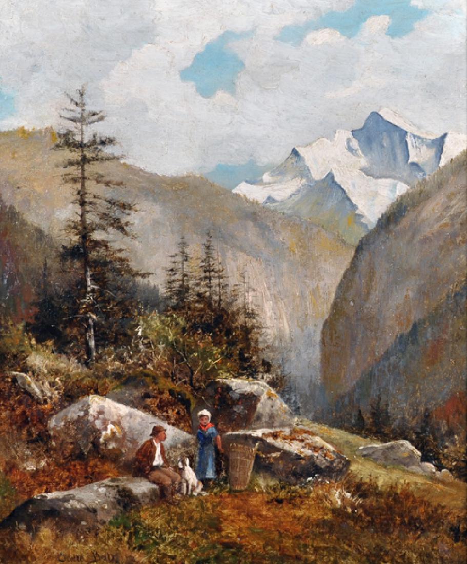 David Bates (1840-1921) British. "The Jungfrau", a: David Bates (1840-1921) British. "The Jungfrau", a Mountainous Landscape, with Figures, Oil on Canvas, Signed, and Signed, Inscribed and Dated 1878 on the reverse, 12" x 10".