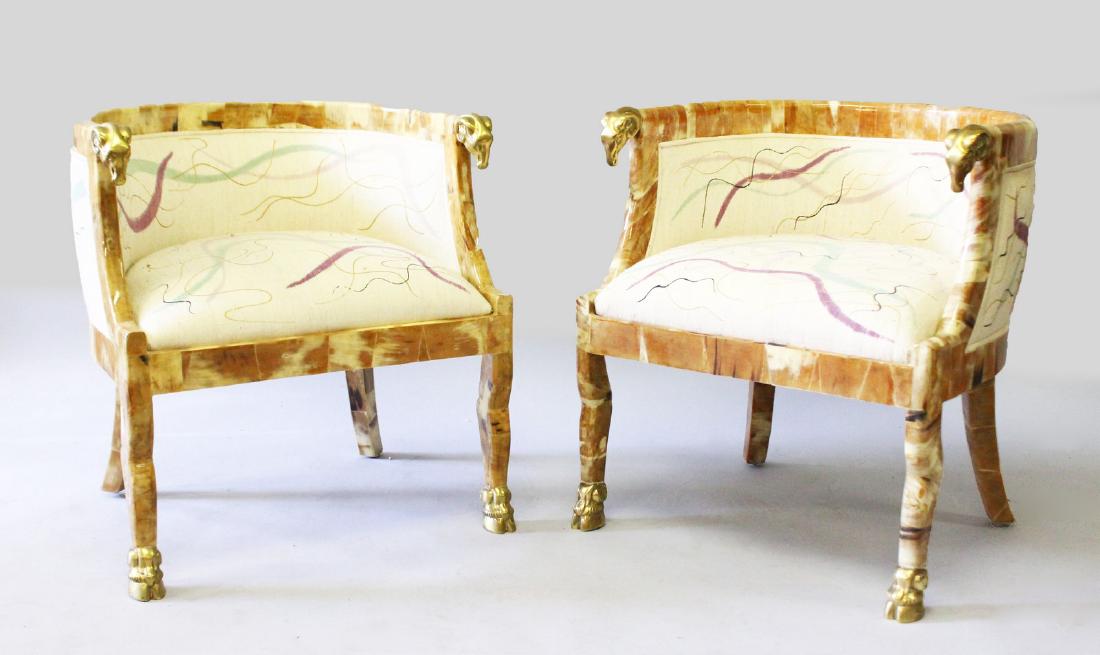 AN UNUSUAL PAIR OF HORN TUB CHAIRS with gilt ram's (1 of 3)