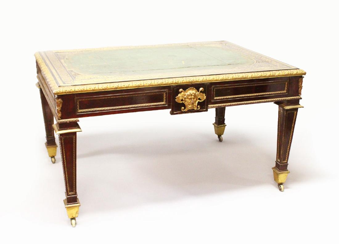 A REGENCY ROSEWOOD, BRASS MARQUETRY AND PARCEL GILT: A REGENCY ROSEWOOD, BRASS MARQUETRY AND PARCEL GILT LIBRARY TABLE in THE LOUIS XIV STYLE, attributed to JOHN MCLEAN, with green leather top, banded by brass marquetry, two frieze drawers and central B