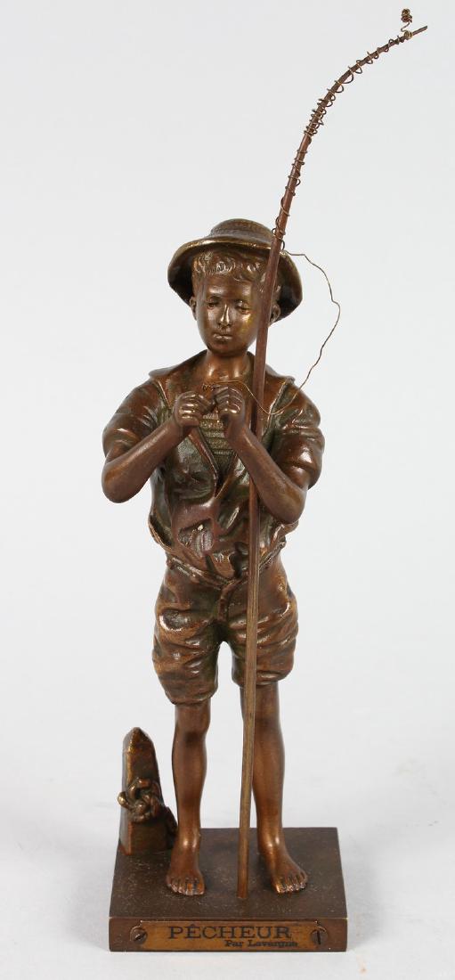 ADOLPHE JEAN LAVERGNE (1863-1928) FRENCH A BRONZE OF A: ADOLPHE JEAN LAVERGNE (1863-1928) FRENCH A BRONZE OF A YOUNG BOY FISHING. Signed Lavergne. Bears label PECHEUR. 9ins (23cms) high.