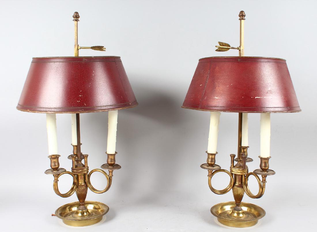 A GOOD PAIR OF FRENCH BRASS THREE LIGHT LAMPS, with tin (1 of 1)