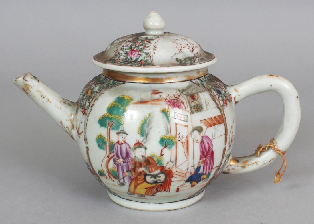 AN 18TH CENTURY CHINESE QIANLONG PERIOD FAMILLE ROSE: AN 18TH CENTURY CHINESE QIANLONG PERIOD FAMILLE ROSE MANDARIN PALETTE PORCELAIN TEAPOT & COVER, painted with two repeated figural terrace scenes, 7.5in long including handle and spout & 5in high overa