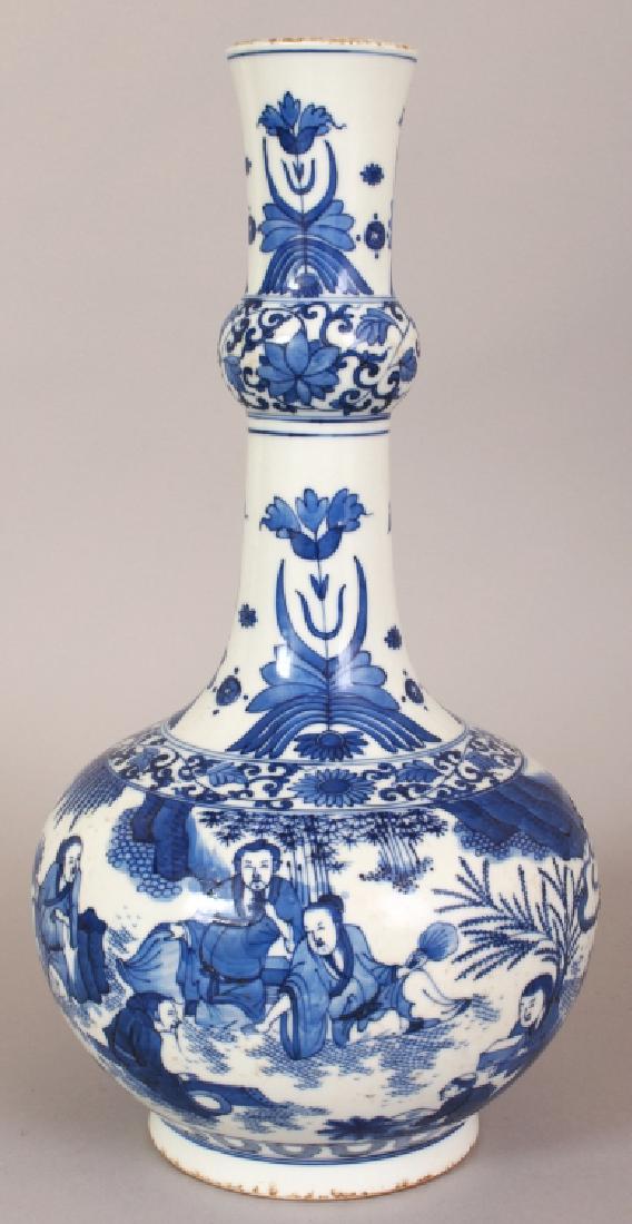 A CHINESE BLUE & WHITE PORCELAIN BOTTLE VASE, the sides: A CHINESE BLUE & WHITE PORCELAIN BOTTLE VASE, the sides decorated with a continuous scene of conversing sages in a garden setting, 14.1in high.