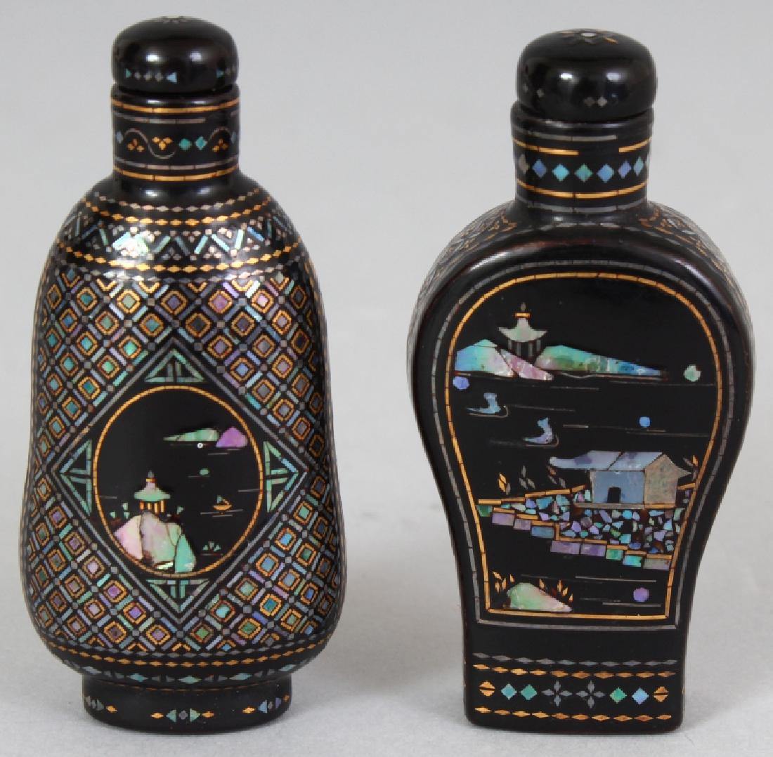 TWO CHINESE LAC BURGUATE SNUFF BOTTLES, with stoppers, (1 of 7)