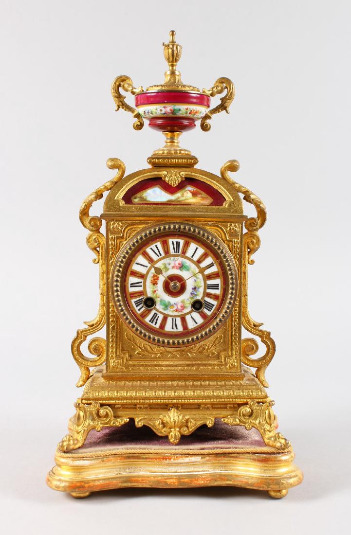 A LOUIS XVI GILT METAL CLOCK with painted porcelain: A LOUIS XVI GILT METAL CLOCK with painted porcelain Sevres type panels, with eight-day movement, striking on a single bell, No. 1825. 13ins high, on a gilt stand.