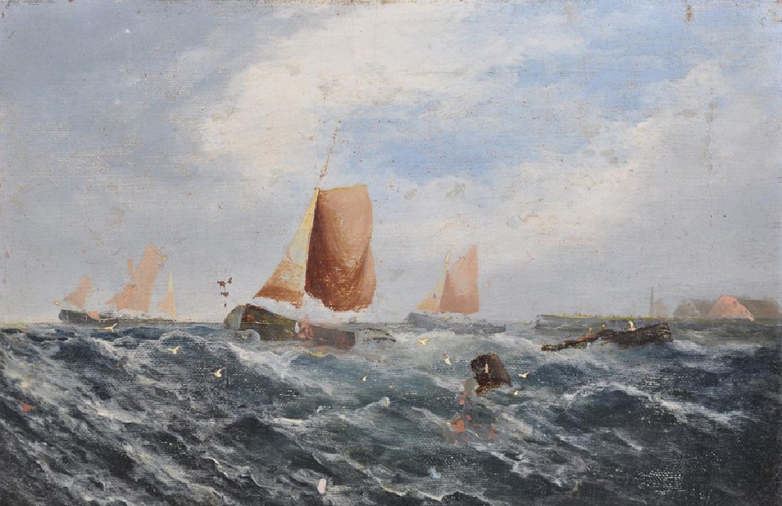 Attributed to George Knight (19th Century) British. A: Attributed to George Knight (19th Century) British. A Shipping Scene, Oil on Canvas, Unframed, 8" x 12", together with three other oil paintings, by various hands, four (4).