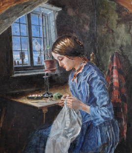 Circle of Sophie Anderson (1825-1914) British. An: Circle of Sophie Anderson (1825-1914) British. An Interior with a Young Seamstress, with Sign in the Window 'Shirts', Mixed Media, 11.25" x 10".