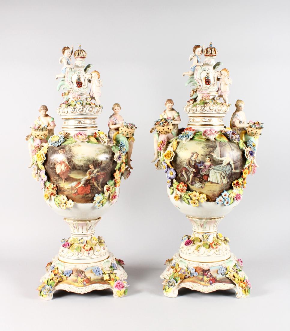 A LARGE PAIR OF "MEISSEN" ENCRUSTED PORCELAIN URNS, (1 of 9)