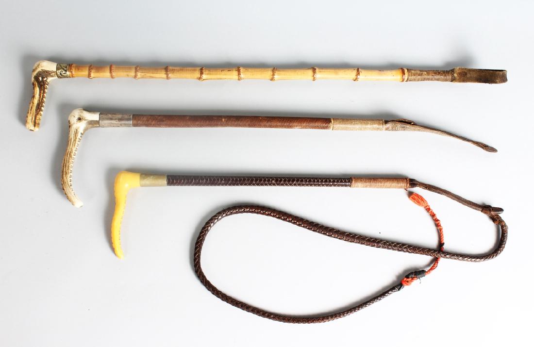THREE LARGE HORN HANDLED RIDING CROPS. (1 of 2)