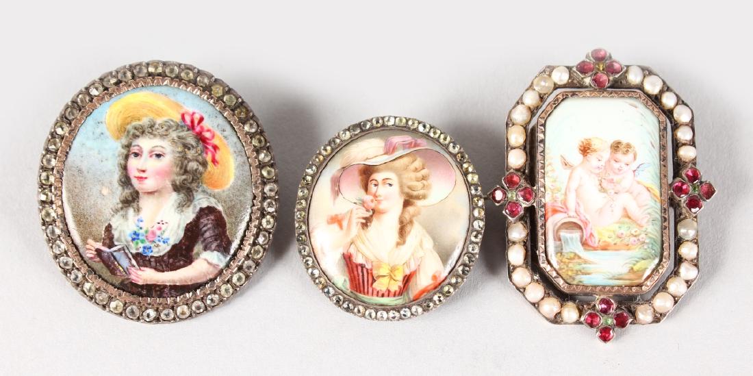 THREE LOVELY FRENCH ENAMEL BROOCHES, one with two (1 of 4)