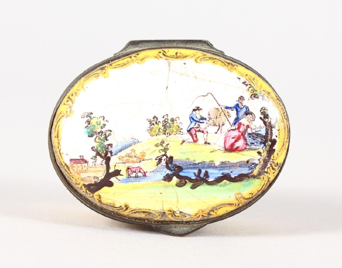 A BATTERSEA YELLOW ENAMEL OVAL PILL BOX, the lid with a (1 of 4)