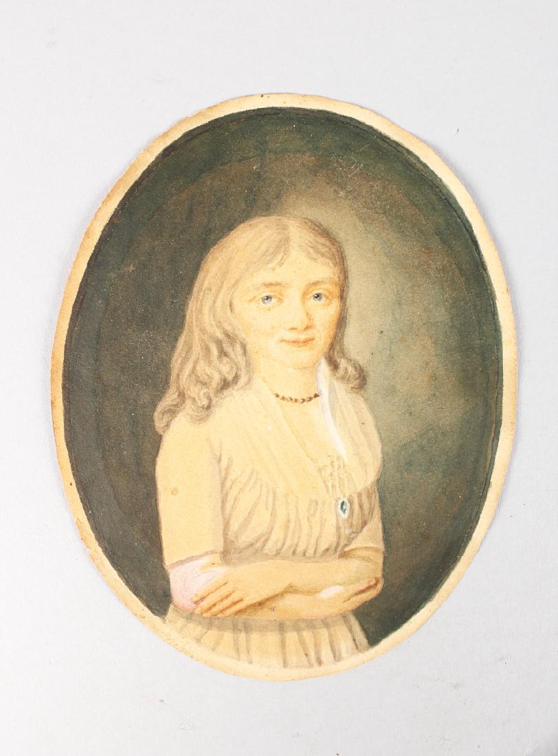 FRENCH SCHOOL. 18th-19th CENTURY, A THREEQUARTER LENGTH: FRENCH SCHOOL. 18th-19th CENTURY, A THREEQUARTER LENGTH OVAL MINIATURE OF A YOUNG GIRL with long flowing hair. 13cms x 10cms.