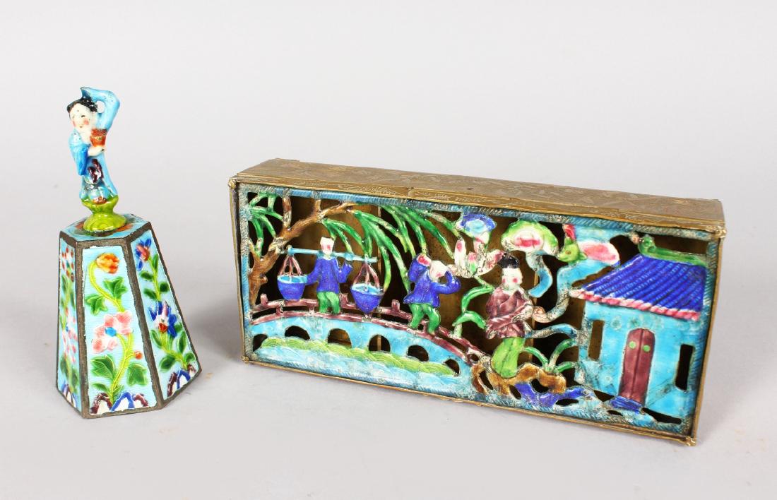 A CHINESE BRASS AND ENAMEL THREE DIVISION BOX and a (1 of 1)