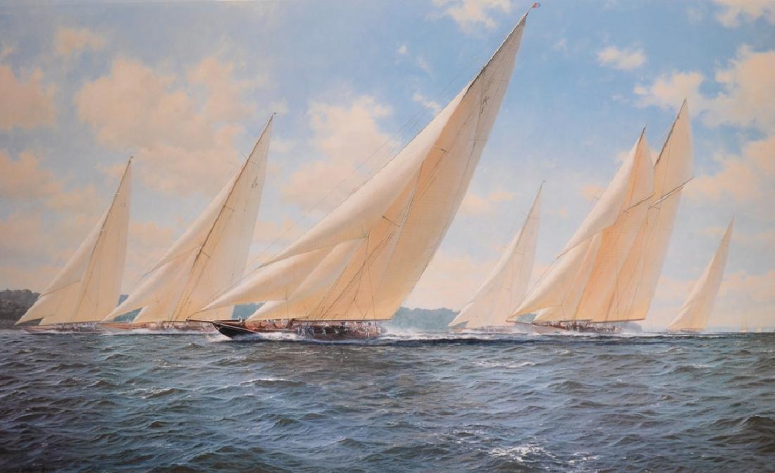 John Steven Dews (1949- ) British. Racing J Class: John Steven Dews (1949- ) British. Racing J Class Yacht’s, Lithograph, Signed and numbered 531/850 in Pencil, with Printers Guild Stamp, 19” x 32.75”.