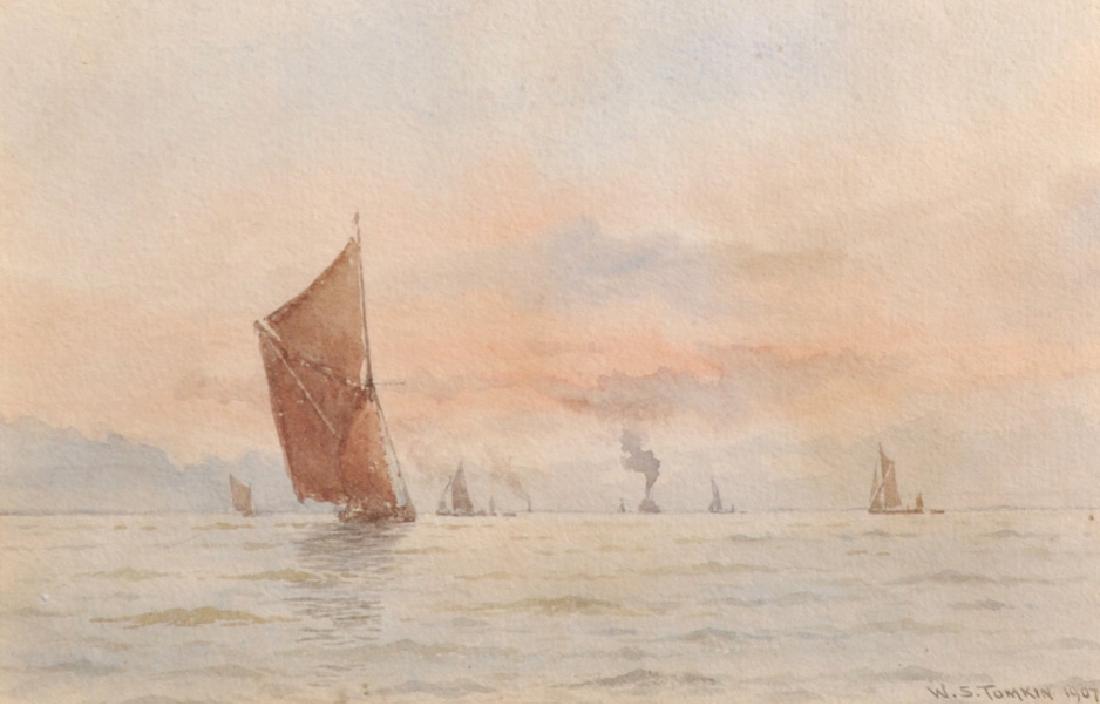 William Stephen Tomkin (1861-1940) British. “Evening,: William Stephen Tomkin (1861-1940) British. “Evening, Mouth of the Ch…….”, a Shipping Scene, Watercolour, Signed and Dated 1907, 4.25” x 6.5”.