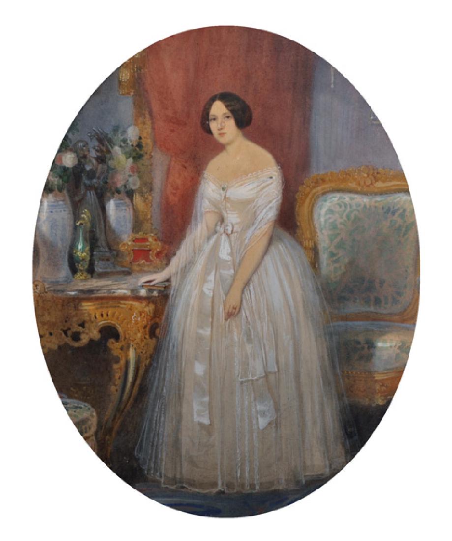 Herbert Arnold Olivier (1861-1952) British. Portrait of: Herbert Arnold Olivier (1861-1952) British. Portrait of Countess d’Orsay, Daughter of Lady Blessingham, Watercolour, Signed, Oval, 11.5” x 9.25”.