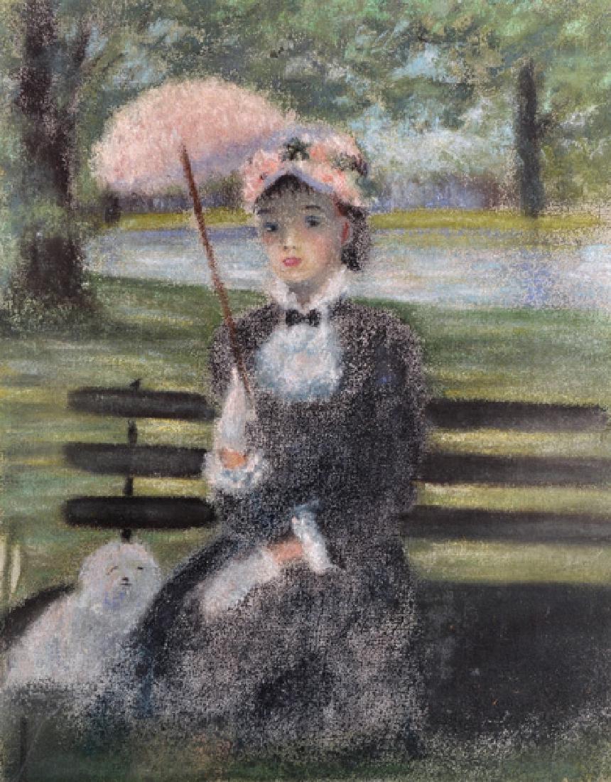 Circle of Pierre Auguste Renoir (1841-1919) French. A: Circle of Pierre Auguste Renoir (1841-1919) French. A Young Gils Seated on a Park Bench, with a Parasol and a Dog by her feet, Pastel, Unframed, 14.75” x 11.75”.