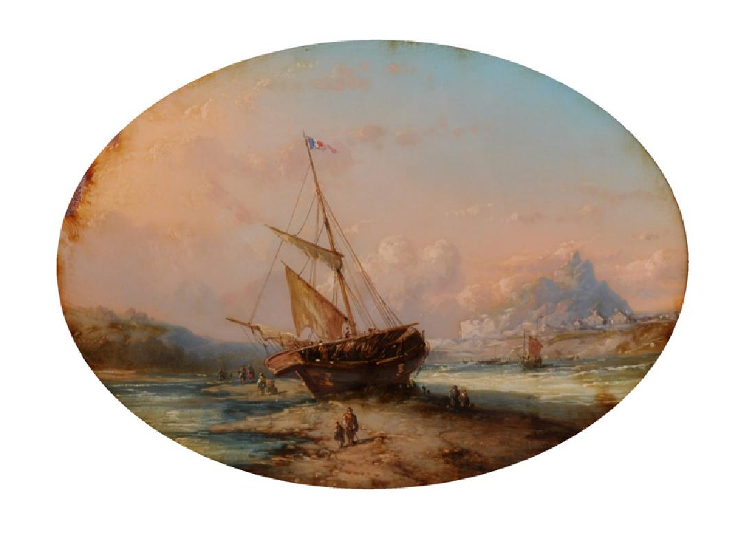 19th Century English School. A Beach Scene, with: 19th Century English School. A Beach Scene, with Figures by a Boat in the foreground, Oil on Paper stuck to Glass, Oval, 9.5” x 13”.