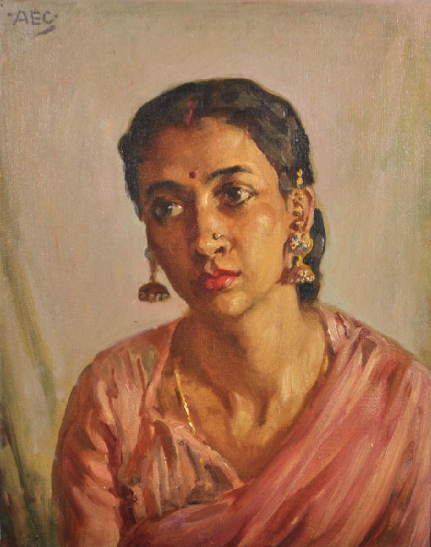 Alfred Egerton Cooper (1883-1974) British. “A Ceylonese: Alfred Egerton Cooper (1883-1974) British. “A Ceylonese Lady”, wearing a Pink Dress with Large Earrings, Oil on Canvas, Signed with Initials, and Inscribed on label on the reverse, 20” x 16”.