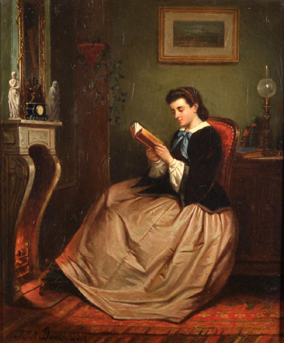 Jan Jacobus Matthijs Damschreuder (1825-1905) Dutch. An: Jan Jacobus Matthijs Damschreuder (1825-1905) Dutch. An Interior, with a Young Lady, Reading a Book by the Fireside, Oil on Canvas, Signed, 16.5” x 13.5”.