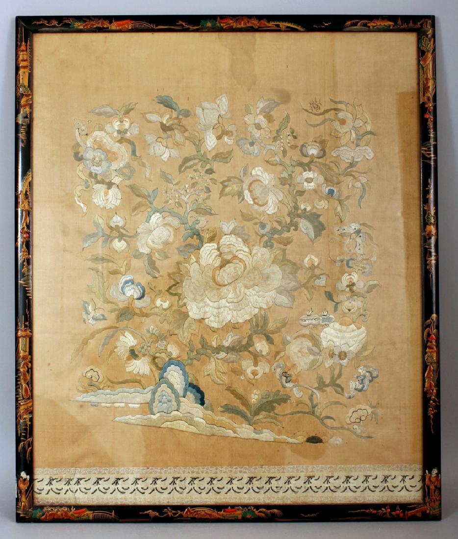 A 19TH CENTURY FRAMED CHINESE YELLOW GROUND SILK (1 of 6)