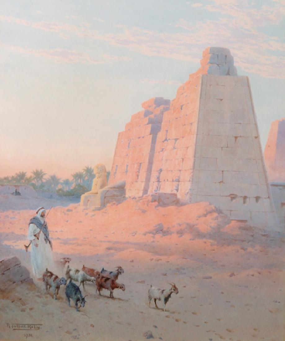 Robert George Talbot Kelly (1861-1934) British. "A: Robert George Talbot Kelly (1861-1934) British. "A Pylon at Katrak (Egypt)", with a Figure and Goats in the foreground, Watercolour, Signed and Dated 1911, 26" x 21".