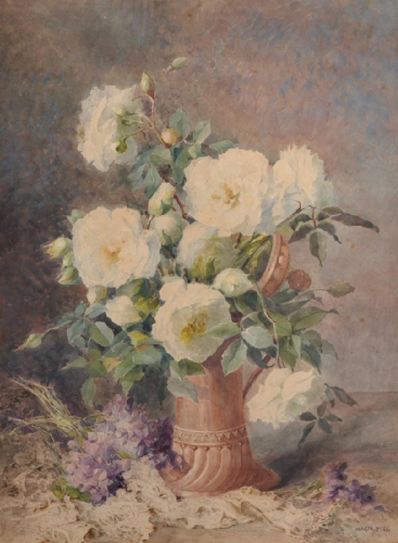 Maria Teresa Hegg (1829-1911) Swiss. Still Life of: Maria Teresa Hegg (1829-1911) Swiss. Still Life of Roses in a Brown Jug on a Table, Watercolour, Signed, 24" x 18".