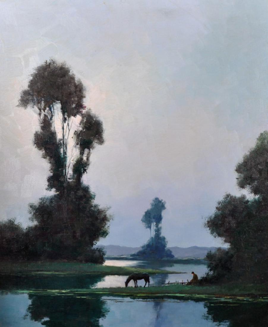 Manner of Alexandre Jacob (1876-1972) French. A: Manner of Alexandre Jacob (1876-1972) French. A Tranquil River Landscape, with a Man and Horse in the distance, Oil on Canvas, bears a Signature on the reverse, 25.75" x 21.25".