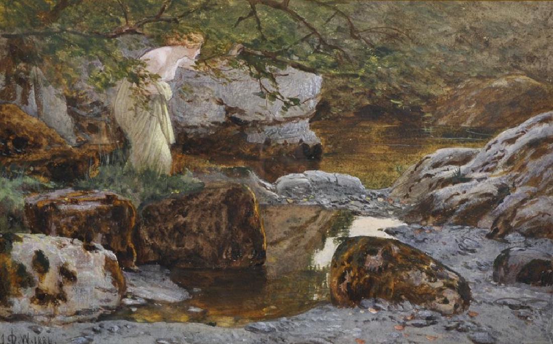 John Dawson Watson (1832-1892) British. "A Pool at the: John Dawson Watson (1832-1892) British. "A Pool at the Falls of Machno (Wales)", with a Semi Naked Girl by the waters edge, Watercolour, Signed with Initials and Dated 1884, and Inscribed on the rever