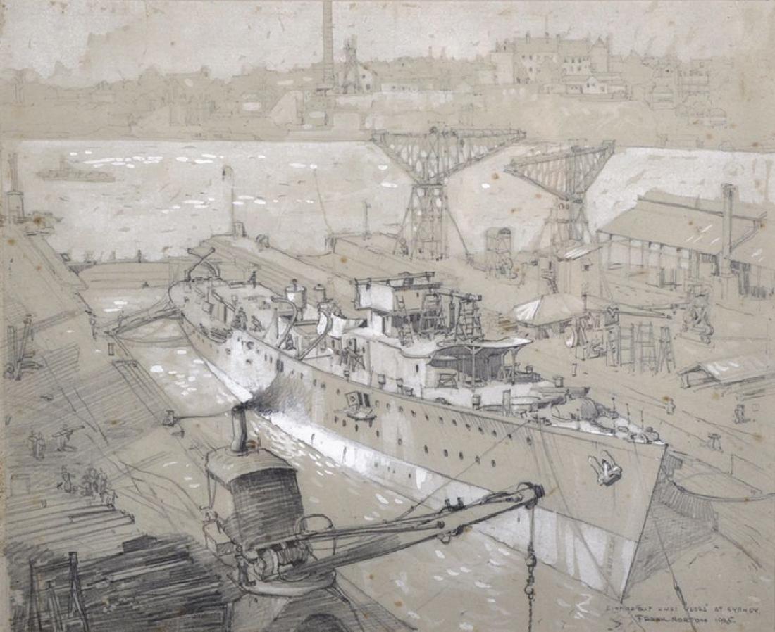 Charles Frank Norton (1916-1983) Australian. "Fitting: Charles Frank Norton (1916-1983) Australian. "Fitting Out H.M.S.A. Yarra at Sydney", in Cockatoo Docks, Pencil and White Highlights, Signed and Inscribed, 8.5" x 10.5".