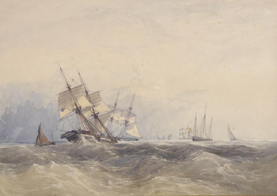 Circle of Charles Taylor (act.1836-1871) British.: Circle of Charles Taylor (act.1836-1871) British. Shipping in a Swell, Watercolour, 13.5" x 19.25", and the companion piece, a pair (2).