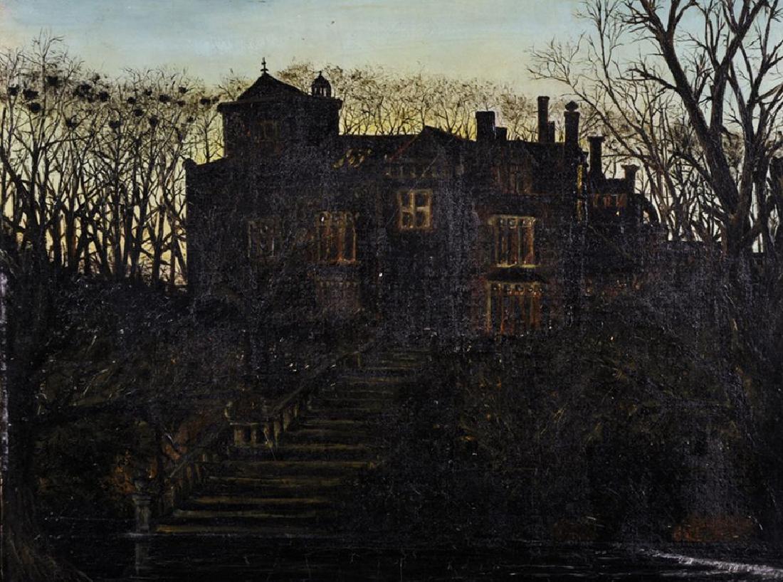 Circle of John Atkinson Grimshaw (1836-1893) British. A: Circle of John Atkinson Grimshaw (1836-1893) British. A Moonlit River Landscape, with a Grand House, with Steps down to the river, Oil on Canvas, Unframed, 14" x 17.75".