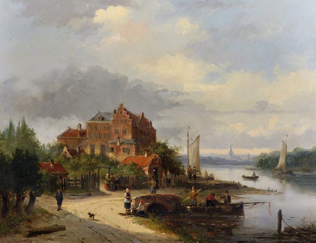 Charles Henri Joseph Leickert (1816-1907) Belgian. A: Charles Henri Joseph Leickert (1816-1907) Belgian. A Dutch River Landscape, with Figures and Boats in the foreground, and a House Beyond, with a Church Spire in the distance, Oil on Panel, Signed, Ins